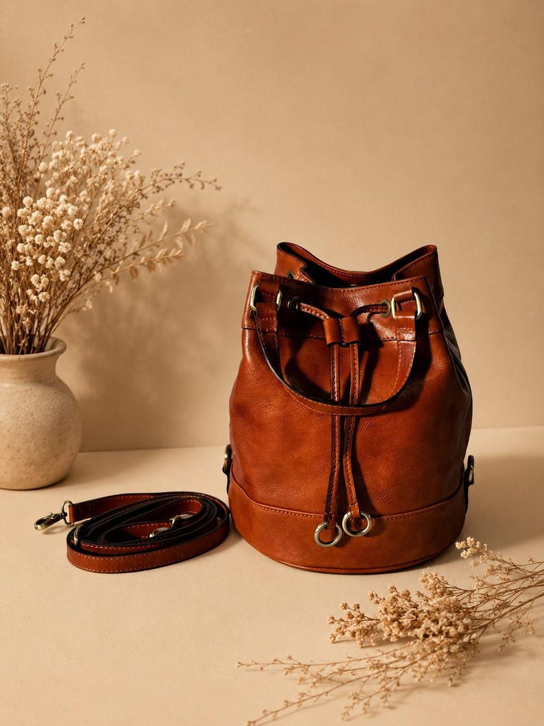Leather Bucket Shoulder Brown Bag