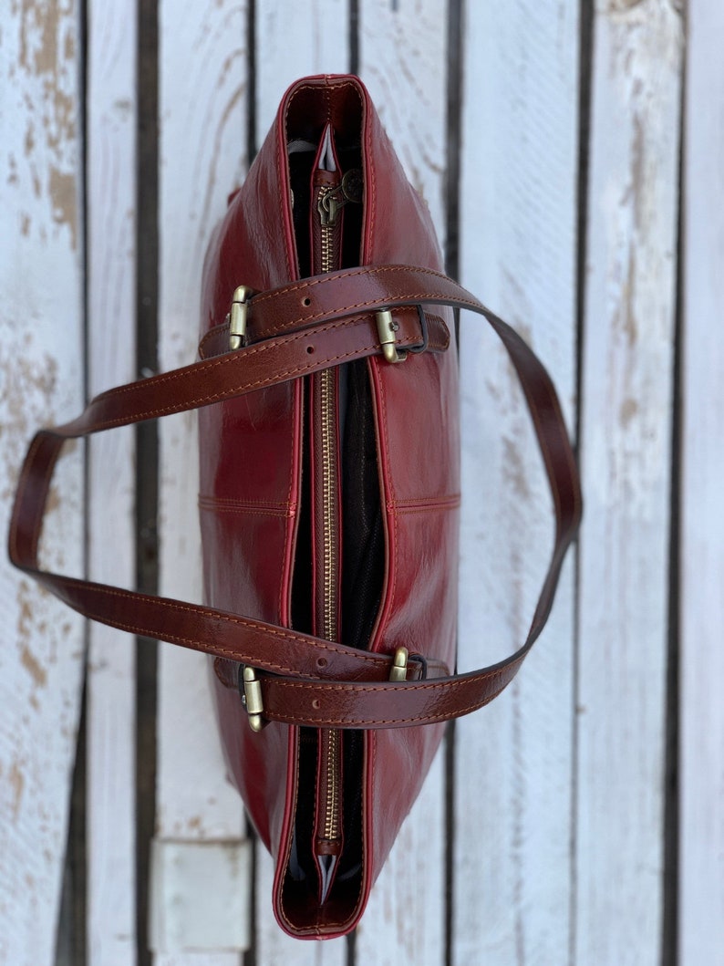 Red Leather Tote Shoulder Handbag
