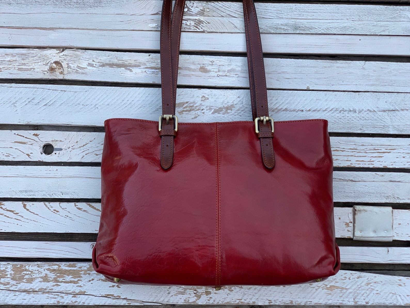 Red Leather Tote Shoulder Handbag