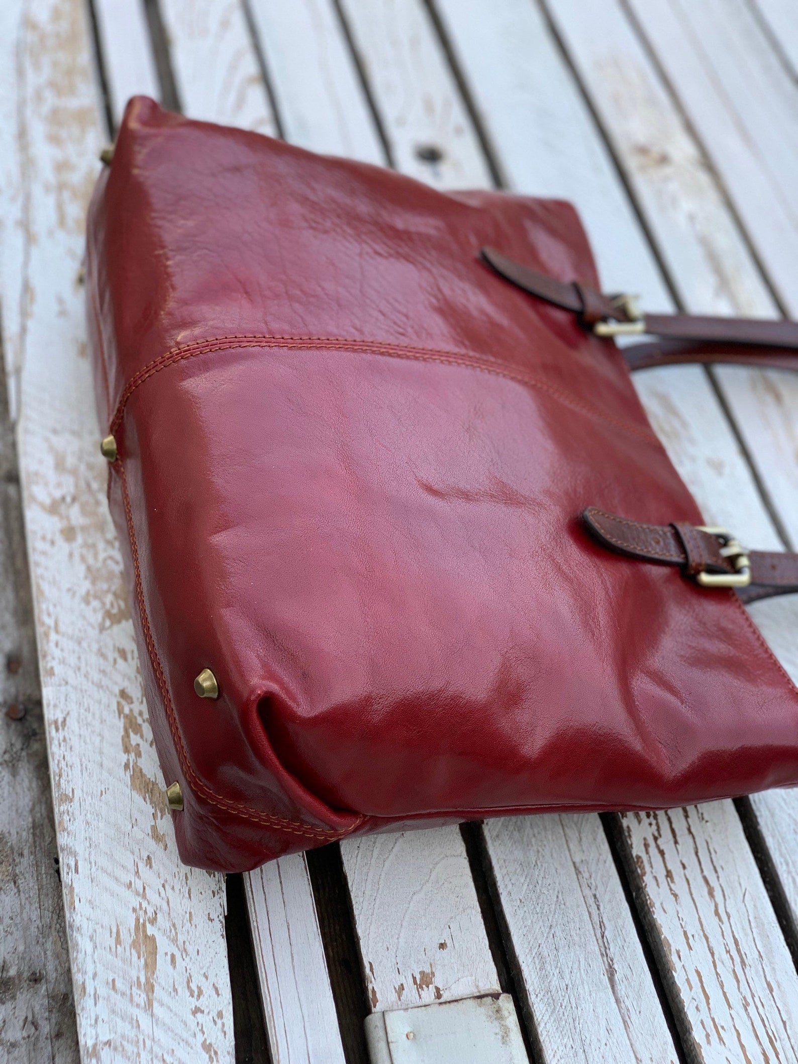 Red Leather Tote Shoulder Handbag